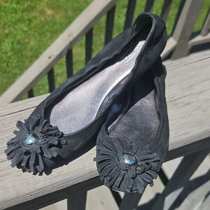Coach Ariza Black Suede Flats Size 7 Flower Rosette Ballet Shoes